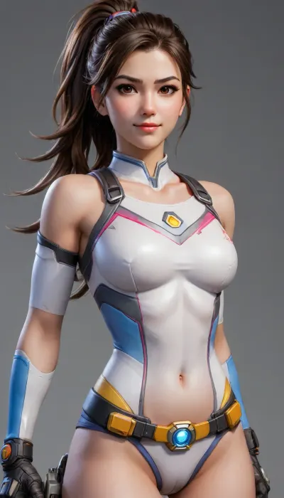 close up, beautiful girl D, VA overwatch, hands on hips, smile, full height, athletic build, chiaroscuro, glare, high detail, yoshitaka amano+ Toni infante style, watercolor and pencil drawing, grace and elegance, bright colors