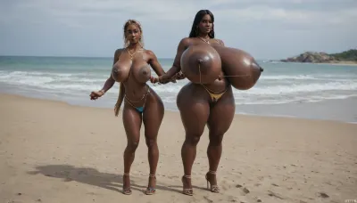(absolutely black skin:1.45), (gigantic massive huge tits slender beauty model on the beach:1.35), (incredibly floppy saggy tits:1.85), (very large very dark areolae:1.55), erect nipples, seduction, model with full body and face, ((groping tits and ass)), very high plateau heels, ((bikini)), (belly chain, anklet, bracelet, jewelry, necklace), ((micro skirt)), oiled up, light hairy pussy, very detailed image, ultra high definition