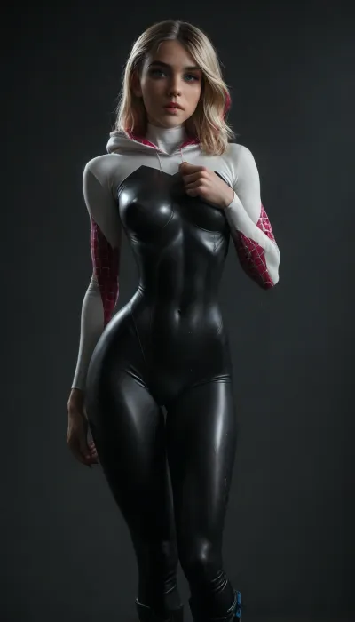(((18 years old))), (((young))), (spider girl Gwen Stacy), Braided side Side Cornrows white Hair, (seductive shy face), (black tied high-platform boots), (seductive sexy pose), ((tight outfit)), (athletic body:1.5), (athletic abs and legs:1.1), (hip gap:1.3), wide hips, (narrow waist:1.6), (white hair), (view from side:1.3), (side view:1.3), standing into the office, (makeup), ((pussy cameltoe:1.4)), (wet oiled clothes), (makeup:1.4), (oiled skin:1.7), (wet tight bodysuit:1.8), hand, 1girl, (athletic ass), (high detailed face:1.5), dim lights, (hard nipples:1.3), (big perky boobs:1.2), big breast, (chiaroscuro lighting:.3), <lora:HandFineTuning_XL:1>, <lora:MGLRbodysuit_sdxl:.6>, <lora:uberfit_lora_sdxl:.4>, <lora:dark:.3>, <lora:M0llY_PARK3R-000001:.8>