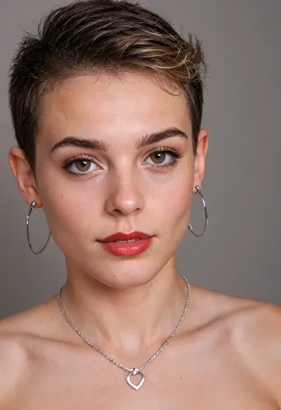 Glamour, Best quality, realistic, 3/4 portrait, nude, hazel eyes, dimples, 18 year old male, androgynous pixie-cut hair with long top, Looking at the camera, shy smile, pale, very detailed, earrings, necklace, dramatic makeup, thick eyebrows, dramatic eyeshadow, heavy eyeliner, dark red lipstick, pretty face, pretty eyes, high detail face, high quality face, high resolution photo, 8K, HD, best quality, 3/4 view, 1, girl, absurdly, beautiful, woman, young, black, hair, perfect, face, makeup, detailed, lips, eyelashes, blonde, red, <lora:DXMakeup:1.7>, <lora:Gorgeous_short_hair-000003:1.1>