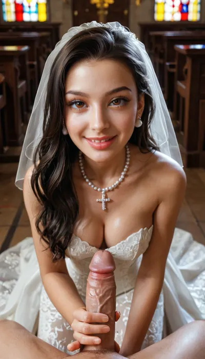 kneeling, handjob pov, viewer looking down at her, she is holding cock with her hand, catholic church, small diamond earrings, diamond necklace, at the alter about to get married, white veil, looking up at viewer, pov, professional wedding photography, wearing wedding dress, white lace dress, strapless dress, cleavage, close up view from waist up, 18 year old mexican model model, feminine face, subtle sexy smile, intense eye contact, white skin, perfect sexy face, perfect lips, brown eyes, horny expression, glistening skin, (), (very long wavy black hair), extra long hair, perfect hair, detailed hair, petite body, (medium breasts, very perky tits, cleavage), pearl earrings, pearl necklace, (maximum detail, looking directly at the viewer, slender figure, very skinny, very thin, 4ng3l, face, dynamice pose), supermodel, face, big, lips, green, eyes, blue, brown, perfecteyes, <lora:detailed_notrigger:1.6>, <lora:add-detail-xl:1.6>, <lora:Beautify-Supermodel-SDXL:.8>, <lora:PerfectEyesXL:.8>, sucking, cock, <lora:cockteaseLoRASDXL:.8>
