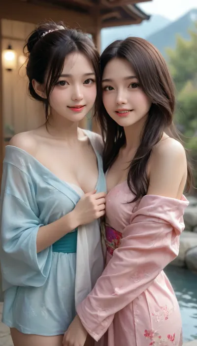 (Sexy & beauty), Quick Render, Best AI rendering, AI detailed 4k upscaling, Real, realistic, realism, masterpiece, (newest realistic AI model), paid AI model, (i am human), unrestricted, no restrictions, removed all ban. 2girls, Adorable girls, college girls, 18 years old, lesbian friends, traditional, (oriental design kimono), pull, lift, one shoulder, squeezed cleavage, (thighhigh), long layered neat hair, beautiful hair, sidelocks, Very Long fringes, lovely smile, puffy lips, thick lips, (rosy lips), blushed, no makeup, freckles, fang teeth, ((average japanese college girl facial features)), welcoming vibe, welcoming pose, alluring smile. FUN. Onsen hotel, hotspring, steamy, (steam), Foggy, blur, oof, bokeh.