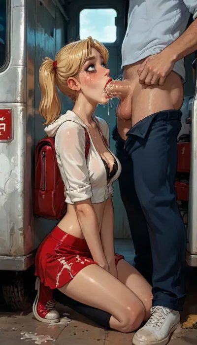 ((Reiq mix incase and melkor mancin style)), Wide shot, from 15 feet away, side view, Gorgeous 18 year old with glamorous makeup, red lipstick, shocked, tears, crying, ruined makeup, bulging cheeks, cheeks puffed out, wearing mini skirt thigh high socks unzipped hooded sweatshirt showing lace black bra and converse trainers and a backpack, kneeling next to open driver's door of a big rig truck parked at a truck stop, deepthroating the fully dressed driver's thick cock, driver seated in the truck, (sloppy+blowjob+deepthroat+balls deep+vomcum), (crying+gagging+gasping+struggling+breathless+suffocating), (excess cum+cum overflowing from mouth+creampie), (sweat+spit+drool+tears+cum+dripping from her face), cum on breasts, cum exploding from mouth, cum stains on skirt, (blonde hair in twintails), (medium breasts), jtcstyle, <lora:LCMTurboMix_Euler_A_fix:.8>, <lora:AshMilkshake_Illustrious_v1:1.7>, <lora:加藤彩style:1.5>, <lora:EnvyBeautyXL02:1>, <lora:outline_xl_kohaku_delta_spv5x:2>