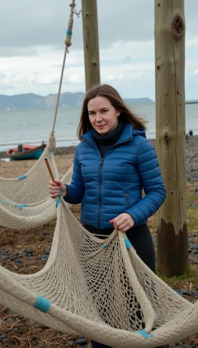 photorealistic, realistic, Icelandic fisherwoman fixing a fishing net on the seashore, highly detailed, cinematic lighting