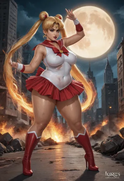 solo, side belowe view, full body view, ((Sailor Moon)), obese, saggy boobs, nipple bulge, angry, (sailor moon outfit), bloody scratches on skin, wounds, ready for fight poses, city, big moon, skyscraper, explosion, fire, (reiq artstyle)