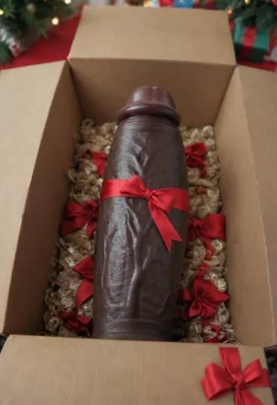 ((a huge circumcised black cock inside a gift box, (big black dick inside a gift box))), ((dick in a box)), bbc, big red bow tied around shaft