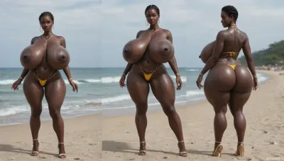 (absolutely black skin:1.45), (gigantic massive huge tits slender beauty model on the beach:1.35), (incredibly floppy saggy tits:1.85), (very large very dark areolae:1.55), erect nipples, seduction, model with full body and face, ((groping tits and ass)), very high plateau heels, ((bikini)), (belly chain, anklet, bracelet, jewelry, necklace), ((micro skirt)), oiled up, light hairy pussy, very detailed image, ultra high definition