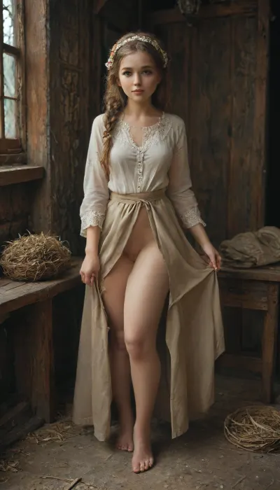 medieval England, a village, into old hut, a beautiful slender mature milf, 40 year old, full-length image, peasant woman in a knee-length white linen shirt with a straight slit in the front and a turn-down collar, with wide sleeves without cuffs sewn in with gusset inserts, The sleeves of the shirt are decorated with bright embroidery at the bottom, long, narrowed at the wrist with stitched small folds, a woman wears a long dark skirt over the shirt and a light knee-length apron. The skirt gathers at the waist and is trimmed at the hem with bright braid, the apron is also decorated with braid, over this she wears a dark sweatshirt with long sleeves and a low neckline, fitted at the waist, a fringed shawl on her shoulders, Her head is covered with a scarf, her ginger hair is curled into temple braids, intertwined with wide ribbons, barefoot, skindentation, small breasts, ass, dark, chiaroscuro, low-key, <lora:zavy-cntrst-sdxl:.5>, <lora:Chubby BBW - XL:.5>, <lora:tbh45-sdxl:.6>