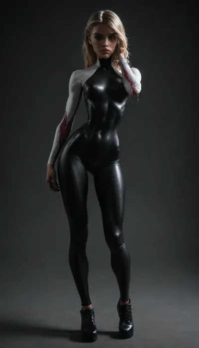 (((18 years old))), (((young))), (spider girl Gwen Stacy), Braided side Side Cornrows white Hair, (seductive shy face), (tied platform high shoes over her thighs), (seductive sexy pose), ((tight outfit)), (athletic body:1.5), (athletic abs and legs:1.1), (hip gap:1.3), wide hips, (narrow waist:1.6), (white hair), (view from front:1.6), standing into the office, (makeup), ((pussy cameltoe:1.4)), (wet oiled clothes), (makeup:1.4), (oiled skin:1.7), ((wet tight bodysuit:2)), hand, 1girl, (athletic ass), (high detailed face:1.5), dim lights, (hard nipples:1.3), (big perky boobs:1.1), (chiaroscuro lighting:.3), <lora:HandFineTuning_XL:1>, <lora:MGLRbodysuit_sdxl:.6>, <lora:uberfit_lora_sdxl:.4>, <lora:dark:.3>, <lora:M0llY_PARK3R-000001:.8>