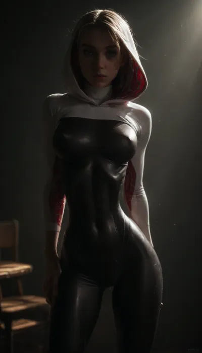 (((18 years old))), (((young))), (spider girl Gwen Stacy), Braided side Side Cornrows white Hair, (seductive shy face), (bright lighting and high exposure of her face and body:1.5), ((tight outfit)), (athletic body:1.3), (athletic abs and legs:1.3), (hip gap:1.3), wide hips, (narrow waist:1.6), (white hair), (view from front:1.6), sitting into the office chair, (makeup), ((pussy cameltoe:1.3)), (wet oiled clothes), (makeup:1.4), (oiled skin:1.7), (wet tight bodysuit:1.8), hand, 1girl, (athletic ass), (high detailed face:1.5), dim lights, (hard nipples:1.3), (big perky boobs:1.4), big breast, (chiaroscuro lighting:.3), <lora:HandFineTuning_XL:1>, <lora:MGLRbodysuit_sdxl:.6>, <lora:uberfit_lora_sdxl:.4>, <lora:dark:.3>, <lora:M0llY_PARK3R-000001:.8>