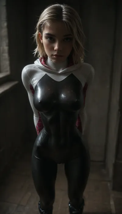 (((18 years old))), (((young))), (spider girl Gwen Stacy), Braided side Side Cornrows white Hair, (seductive shy face), (tied high-platform boots), (seductive sexy pose), ((tight outfit)), (athletic body:1.5), (athletic abs and legs:1.1), (hip gap:1.3), wide hips, (narrow waist:1.6), (white hair), (view from side:1.6), standing into the office, (makeup), ((pussy cameltoe:1.4)), (wet oiled clothes), (makeup:1.4), (oiled skin:1.7), (wet tight bodysuit:1.8), hand, 1girl, (athletic ass), (high detailed face:1.5), dim lights, (hard nipples:1.3), (big perky boobs:1.2), big breast, (chiaroscuro lighting:.3), <lora:HandFineTuning_XL:1>, <lora:MGLRbodysuit_sdxl:.6>, <lora:uberfit_lora_sdxl:.4>, <lora:dark:.3>, <lora:M0llY_PARK3R-000001:.8>