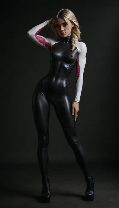 (((18 years old))), (((young))), (spider girl Gwen Stacy), Braided side Side Cornrows white Hair, (seductive shy face), (full body view:1.3), ((tied high platform boot)), (seductive sexy pose:1.3), ((tight outfit)), (athletic body:1.5), (athletic abs and legs:1.1), (hip gap:1.3), wide hips, (narrow waist:1.6), (white hair), (view from front:1.6), standing into the office, (makeup), ((pussy cameltoe:1.4)), (wet oiled clothes), (makeup:1.4), (oiled skin:1.7), ((wet tight bodysuit:2)), hand, 1girl, (athletic ass), (high detailed face:1.5), dim lights, (hard nipples:1.3), (big perky boobs:1.1), (chiaroscuro lighting:.3), <lora:HandFineTuning_XL:1>, <lora:MGLRbodysuit_sdxl:.6>, <lora:uberfit_lora_sdxl:.4>, <lora:dark:.3>, <lora:M0llY_PARK3R-000001:.8>