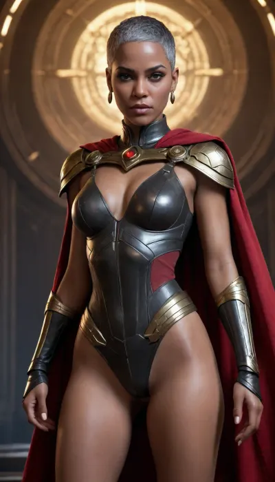 NSFW, Ikora Rey/Destiny
Game series featuring a mature Black woman, Queen "Ikora Rey, ", [[with her iconic short black pixie cut or shaved head]], dark and mysterious eyes, full breasts, warrior body, [[sexy black armor with a red Victorian cape]], "looking at the viewer" luxurious, stunning, flawless and sexy, [[charming, attractive, seductive, erotic, enchanting]], masterpiece by Bungie artists "gold earring accessories, [[Studio scene/black background]], [[detailed and rendered 3D concept art style]], [[standing and full-body shot she is pure sensuality in the background in space with stars, planets and spaceships. Dark setting]], <lora:X-wing - XL:2>