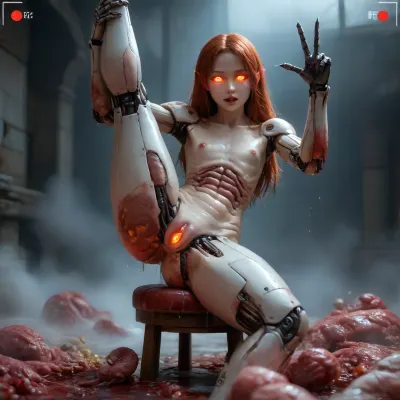 high quality, incredible detail, perfect lighting 1.2, 1 sexy nude anorexic ginger Irish woman, (transforming into a sexy realistic skinny, evil anthropoid succubus girl, split forked tongue dripping, big puffy wet open pussy. they are playing with there erect nipples. sharp teeth futanari. bukkake., (night:1.3), (((mystical fog, white transparent slime liquid wets meat and skin. skinned animals.))), human skulls, skull, high contrast, ((((glowing red eyes. standing splits on pile of fleshy white meat squids and bloody raw meat, entrails, savagely feasting on raw organs, brains, pussy swollen in view finder, (highly detailed face:1.3), (flat chested:1.3))))), neon, lights, dark, ambient, light, (evil eyes:1.3), (long pointed elf ears:1.2), spread legs, (bed:1.3), (realistic dragon claws on her fingernails:1.3), (intense dragon vagina texture)), ((((15 tons of aloe Vera liquid covers the entire scene)))), searching meat pile for sex toys, Photo realistic erotic photo, professional erotic artistic photography, highest-resolution, 32k uhd, hdr, 120mm film photo, breathtaking gorgeous goth anorexic, (skinny anorexic body:1.3), (sadistic slut attitude:1), sexy poses photo realistic skin details, freckles, pimples, dimples, acne, (random view and random angle:1.5), ac_neg1, 4ng3l, face, <lora:SDXL_BetterFaces-LoRA_v1:1>, ((perfect fingers, perfect hands, perfect skin)), tows, ropes, ((pussy visibles, big clitoris visibles, HDR pussy, squat, hyper pussy juice dripping)), (flat chested body proportions), holding breasts, view from side, ((realistic, uhd, highly detailed, 8k)), but, ForniteStyle, <lora:OWStyleYeiyeiArt-8:1.4>, character is woman, full body in frame, face in frame, focus on pussy, ((creampie)), show one middle finger to viewer, one finger, show finger, gives middle finger, (fuck off gesture), (((middle))), Cyberpunk, very wet, commanding, fetish, wet body, dystopian sci-fi future setting, bioluminescent, 8k wallpaper, beautiful face, (skin pores 1.3), [pink, purple], hair, sexual pose, ((robotic cyborg skin), , :1.6), (robotic arms), dark lip gloss, (cyborg:1.7), (robotic legs), full body, sitting on stool, legs spread, legs open, dripping pussy, (huge clit:1.9), hi-detailed pussy, perfect pussy, creepy dark fantasy, (boobs:1.4), exotic hairstyle, ((glowing eyes), , :1.8), (glowing fluids, wet body:1.4), ((robotic cyborg skin), , :1.6), (robotic arms), dark lip gloss, (cyborg:1.7), (robotic legs), legs spread, legs open, dripping pussy, (huge clit:1.9), hi-detailed pussy, perfect pussy, creepy dark fantasy