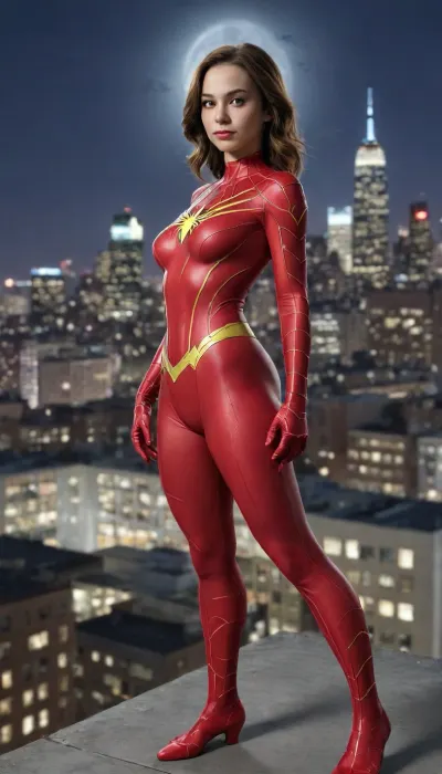 [[Emma Myers]], "This is a digital illustration in comic book style, modern digital comic book art, "HQ" cartoon, "A full-body digital illustration of Spider-Woman. She is on a city rooftop at night, in a dynamic and confident superhero pose, with one leg perfectly bent and her arms crossed. She wears her classic red and yellow costume with spiderweb wings under her arms. The background is a blurred urban skyline with city lights and a full moon. Comic book art style, spectacular lighting, vibrant colors, high-resolution art.", emmamyers101, <lora:Emma_Myers_SDXL_101:1.8>