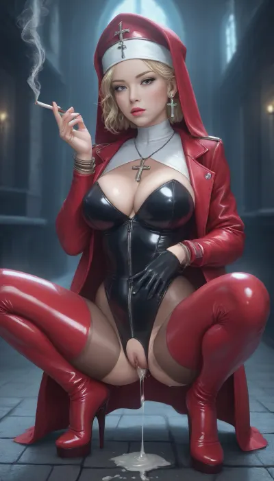 score_9, score_8_up, score_7_up, score_6_up, score_5_up, score_4_up, masterpiece, highres, photorealistic, great detail, detailed, solo, 1girl, detailed face, a domina in a rubber outfit, brick castle, night, darkness, moonshine, stary night, torches, large shadows, barred windows, squatting, (holding a cigarette in hand), (smoking a cigarette), bimbo, bombshell, makeup, doll, enormous tits, athletic, fit, emotionless expression, looking at the viewer, spreading, legs bend, blonde straight short hair, gelled hair, arms and shoulders naked, black crotchless latex bodystocking made from cross and belts, cutout cleavage, crimson leather coat, high heeled fetish rubber boots with cross, latex nun's hat, cross necklace adorned with jewelry, cross arm bracelet, cross earrings, oily skin, wet skin, moist, puffy pussy, cum on pussy, cum dripping, cum flowing, cum puddle, Latex, <lora:LatexXLv11:.4>