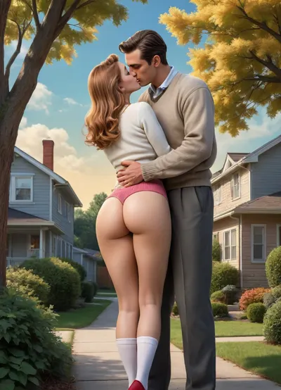 anime-style illustration with perfect clean lines, illustration of, 1 man, 1 girl. This hyper-realistic, ((1940s scene)), rendered in 8K resolution, depicts a young Caucasian couple passionately kissing near the corner of a house hidden from the street. The parents' expensive 1940s car is parked near the house. An 58-year-old man, wearing a sweater and trousers, stands and embraces an 18-year-old cute woman in knee-high socks. No skirt, no panties, exposing her buttocks and vagina, and she stands on tiptoe. The man's right hand is around her waist, and his left hand is, ((sliding a finger between the woman's buttocks)), . A suburban neighborhood with a crescent moon in the sky is depicted in the background. The tree and foliage add a natural element, contrasting with the urban landscape. The image is highly detailed, effectively conveying textures and shading.

Detailed face, detailed kiss, detailed hands, detailed eyes.
The image is highly detailed, effectively conveying textures and shading., anime drawing/art, bold linework, illustration, cel shaded, anime-style digital illustration. It's an anime-inspired 2D-style anime illustration. Aesthetic high-skill, professional anime illustration, which looks like a screencap from an anime series. It has clean line work and a pleasant, appealing drawn aesthetic style. Overall, it's a world-class illustration with flawless line work, perfect composition, and impeccable attention to detail., <lora:ALisa_Selezneva_V5:1.3>