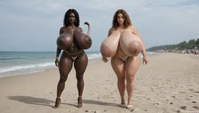 (absolutely black skin:1.45), (gigantic massive huge tits slender beauty model on the beach:1.35), (incredibly floppy saggy tits:1.85), (very large very dark areolae:1.55), erect nipples, seduction, model with full body and face, ((groping tits and ass)), very high plateau heels, ((bikini)), (belly chain, anklet, bracelet, jewelry, necklace), ((micro skirt)), oiled up, light hairy pussy, very detailed image, ultra high definition