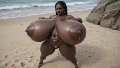 (absolutely black skin:1.65), (gigantic massive huge tits slender beauty model on the beach:1.35), (incredibly floppy saggy tits:1.85), (very large very dark areolae:1.55), erect nipples, seduction, model with full body and face, ((groping tits and ass)), very high plateau heels, ((bikini)), (belly chain, anklet, bracelet, jewelry, necklace), ((micro skirt)), oiled up, light hairy pussy, very detailed image, ultra high definition