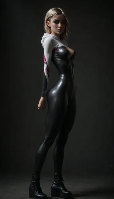 (((18 years old))), (((young))), (spider girl Gwen Stacy), Braided side Side Cornrows white Hair, (seductive shy face), (tied platform boots), (seductive sexy pose), ((tight outfit)), (athletic body:1.5), (athletic abs and legs:1.1), (hip gap:1.3), wide hips, (narrow waist:1.6), (white hair), (view from side:1.6), standing into the office, (makeup), ((pussy cameltoe:1.4)), (wet oiled clothes), (makeup:1.4), (oiled skin:1.7), (wet tight bodysuit:1.8), hand, 1girl, (athletic ass), (high detailed face:1.5), dim lights, (hard nipples:1.3), (big perky boobs:1.2), big breast, (chiaroscuro lighting:.3), <lora:HandFineTuning_XL:1>, <lora:MGLRbodysuit_sdxl:.6>, <lora:uberfit_lora_sdxl:.4>, <lora:dark:.3>, <lora:M0llY_PARK3R-000001:.8>