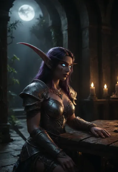 (Night elf woman, world of warcraft:1.3), dark clouds, forest floor, sitting, temple ruins, ruined temple setting, ivy hanging from walls, (fantasy sword standing aside), (ornate sword), ridged armor, oversized sword, ruined wood table, upper body, ruined pottery, purplehair, glowing blue eyes, heavily armored, heavy platemail armor, fantasy armor, jeweled armor, silver elven belt, ornate jeweled circlet, pale blue skin, <lora:dark:1>, <lora:darkfantasystyle:.8>, NEGATIVE_HANDS, cinematic, style, <lora:SDXL-World-of-Warcraft-cinematic-style-Lora-r32-000005:.8>, brazier, warm glow, glowing embers