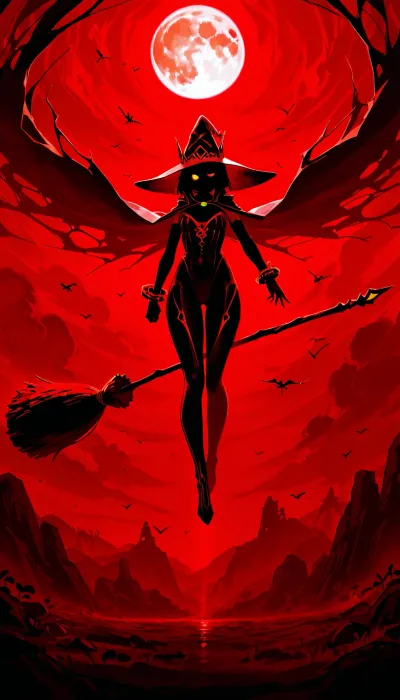 1girl, mysterious witch flying on a broomstick across the night sky, full moon shining brightly in the background, mystical atmosphere, detailed silhouette against the glowing moonlight, cinematic composition, high detail, dramatic lighting, fantasy art, 4k witch, flies against the moon on a broom, sexy outfit, witch hat, bare chest, winks with an eye, fly, action, bats