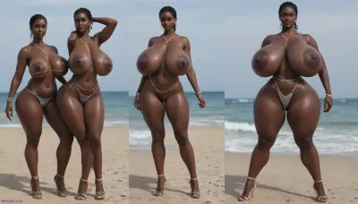 (absolutely black skin:1.65), (gigantic massive huge tits slender beauty model on the beach:1.35), (incredibly floppy saggy tits:1.65), (very large very dark areolae:1.55), erect nipples, seduction, model with full body and face, ((groping tits and ass)), very high plateau heels, ((bikini)), (belly chain, anklet, bracelet, jewelry, necklace), ((micro skirt)), oiled up, light hairy pussy, very detailed image, ultra high definition