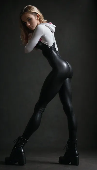 (((18 years old))), (((young))), (shy and embarrassed:1.4), (spider girl Gwen Stacy), Braided side shaved Hair, (tight outfit), (athletic body:1.3), (black high platform boots), (full body view from side), (skinny:1.2), (wide hips:1.3), (narrow waist:1.4), (blonde with pink strands), (clubfoot), (view from side:1.6), (makeup), ((pussy cameltoe:1.2)), wet, (shining wet clothes), (makeup:1.2), (oiled skin:1.5), (wet shining tight bodysuit:2), hand, 1girl, ((athletic ass:2)), (big natural breast:1.5), (high detailed face:1.5), dim lights, (chiaroscuro lighting:.3), <lora:HandFineTuning_XL:1>, <lora:MGLRbodysuit_sdxl:.6>, <lora:uberfit_lora_sdxl:.4>, <lora:dark:.3>, <lora:attractive_notrigger:.8>