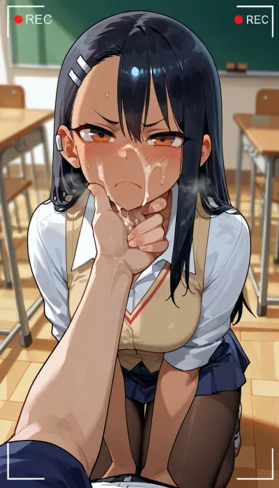 Recording, clenched tech, Hayase nagatoro, Look a viewer, frown, face covered cum, cum on face, facial cum, angry expression, kneeling, classroom, pantyhose, Model, fully clothed, the viewer grabbing she face, male grabbing her chin