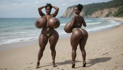 (absolutely black skin:1.45), (gigantic massive huge tits slender beauty model on the beach:1.35), (incredibly floppy saggy tits:1.85), (very large very dark areolae:1.55), erect nipples, seduction, model with full body and face, ((groping tits and ass)), very high plateau heels, ((bikini)), (belly chain, anklet, bracelet, jewelry, necklace), ((micro skirt)), oiled up, light hairy pussy, very detailed image, ultra high definition