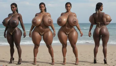 (absolutely black skin:1.45), (gigantic massive huge tits slender beauty model on the beach:1.35), (incredibly floppy saggy tits:1.85), (very large very dark areolae:1.55), erect nipples, seduction, model with full body and face, ((groping tits and ass)), very high plateau heels, ((bikini)), (belly chain, anklet, bracelet, jewelry, necklace), ((micro skirt)), oiled up, light hairy pussy, very detailed image, ultra high definition