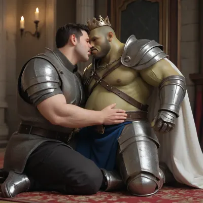 Pregnant male king. King being attended to by orc knight. King sitting on throne. Orc and king. Two men total. King wears robes. Knight in armor. Knight has green skin and tusks. King is human. Orc knight is kneeling. King wears crown. Royalty and knight. Pregnant man. Mpreg. Fantasy. Orc is kissing king's stomache. Orc is knight. King is human. Pregnant royal man. Gay romance. Orcish Knight is fully dressed. Fully armored orc. Orc is wearing a breastplate and chain. Submissive orc knight. Dominant human king. Dominant pregnant man. Courtly love. Interspecies relationship.
