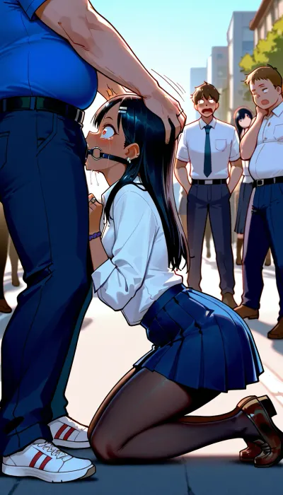 Kneeling, hayase nagatoro, side view, ring gag, blowjob, deepthroat, fat man, fully clothed, white collared shirt, pleated skirt, black pantyhose, tears, surprised expression, street, outdoor, lane, dollars, holding head, head pushing down, surrounded by male, male audience