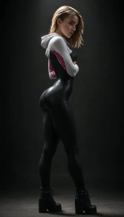 (((18 years old))), (((young))), (shy and embarrassed:1.4), (spider girl Gwen Stacy), Braided side shaved Hair, (tight outfit), (athletic body:1.3), (black high platform boots), (full body view from side), (skinny:1.2), (wide hips:1.3), (narrow waist:1.4), (blonde with pink strands), (clubfoot), (view from side:1.6), (makeup), ((pussy cameltoe:1.2)), wet, (shining wet clothes), (makeup:1.2), (oiled skin:1.5), (wet shining tight bodysuit:2), hand, 1girl, ((athletic ass:2)), (big natural breast:1.5), (high detailed face:1.5), dim lights, (chiaroscuro lighting:.3), <lora:HandFineTuning_XL:1>, <lora:MGLRbodysuit_sdxl:.6>, <lora:uberfit_lora_sdxl:.4>, <lora:dark:.3>, <lora:attractive_notrigger:.8>