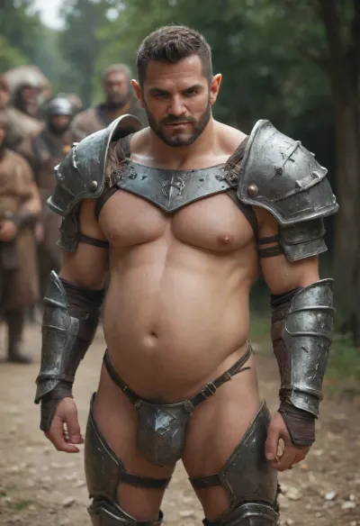 Pregnant male, onarmor, meatshield, fannypacking, man strapped to orc, <lora:onarmor_xl:2>