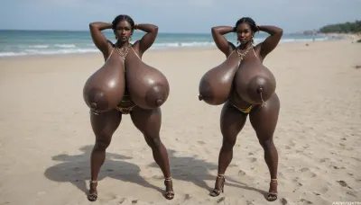 (absolutely black skin:1.55), (gigantic massive huge tits slender beauty model on the beach:1.35), (incredibly floppy saggy tits:1.85), (very large very dark areolae:1.55), erect nipples, seduction, model with full body and face, ((groping tits and ass)), very high plateau heels, ((bikini)), (belly chain, anklet, bracelet, jewelry, necklace), ((micro skirt)), oiled up, light hairy pussy, very detailed image, ultra high definition