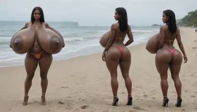 (absolutely black skin:1.45), (gigantic massive huge tits slender beauty model on the beach:1.35), (incredibly floppy saggy tits:1.85), (very large very dark areolae:1.55), erect nipples, seduction, model with full body and face, ((groping tits and ass)), very high plateau heels, ((bikini)), (belly chain, anklet, bracelet, jewelry, necklace), ((micro skirt)), oiled up, light hairy pussy, very detailed image, ultra high definition