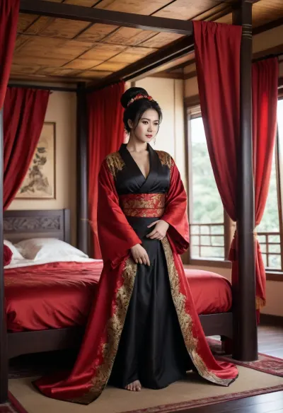 luxurious red silk bedsheets, dark bedroom, (ancient Japanese era empress in black yukata with red and gold embroidery, standing in front of bed), ((wooden canopy bed with red and golden accents bed curtains)), pitch black hair in a hair bun, arms crossed under massive breasts, leopard fur shawl, (Hyper breasts, top heavy, hyper thighs, hyper ass, wasp waist)