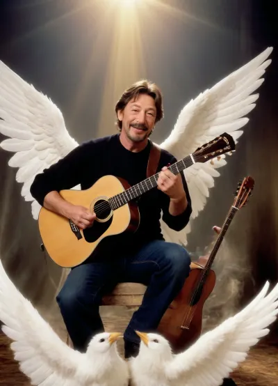 (((Chris Rea in heaven))), angels either side of him, two angels, one either side, playing their harps, Chris Rea is playing his guitar, everyone is smiling, a warm friendly picture