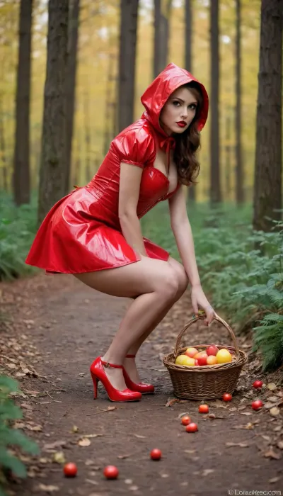 Little Red Riding Hood, dressed in a short latex dress and red high heels, kneels on all fours in the forest and is being fucked by one man, next to her lies a fruit basket