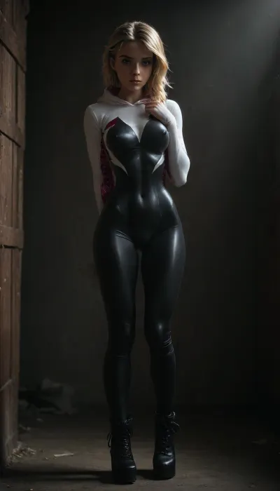(((18 years old))), (((young))), (spider girl Gwen Stacy), Braided side Side Cornrows white Hair, (seductive shy face), (tied platform high shoes), (boots over her knees), (seductive sexy pose), ((tight outfit)), (athletic body:1.5), (athletic abs and legs:1.1), (hip gap:1.3), wide hips, (narrow waist:1.6), (white hair), (view from front:1.6), standing into the office, (makeup), ((pussy cameltoe:1.4)), (wet oiled clothes), (makeup:1.4), (oiled skin:1.7), (wet tight bodysuit:1.8), hand, 1girl, (athletic ass), (high detailed face:1.5), dim lights, (hard nipples:1.3), (big perky boobs:1), (chiaroscuro lighting:.3), <lora:HandFineTuning_XL:1>, <lora:MGLRbodysuit_sdxl:.6>, <lora:uberfit_lora_sdxl:.4>, <lora:dark:.3>, <lora:M0llY_PARK3R-000001:.8>