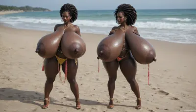 (absolutely black skin:1.65), (gigantic massive huge tits slender beauty model on the beach:1.35), (incredibly floppy saggy tits:1.85), (very large very dark areolae:1.55), erect nipples, seduction, model with full body and face, ((groping tits and ass)), very high plateau heels, ((bikini)), (belly chain, anklet, bracelet, jewelry, necklace), ((micro skirt)), oiled up, light hairy pussy, very detailed image, ultra high definition