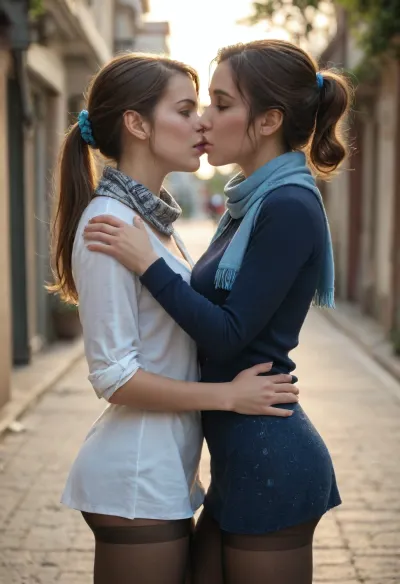 beautiful, gorgeous, 25_year_old, French woman, (Beautiful_French_woman), kissing her girlfriend passionately, 2girls, (French_kiss), (girlfriend is wearing a casual beige microdress), (girlfriend with bobcat hair), in the evening, dimmed_lighting, after_sunset, reflective_skin, (wearing a dark blue long-sleeve shirt, scarf, skirt, pantyhose), medium_height, long_hair, dark_hair, blue_scrunchie, ponytail, blue_eyes, perfect_figure, small_nose, thin_lips, jewelry, flower