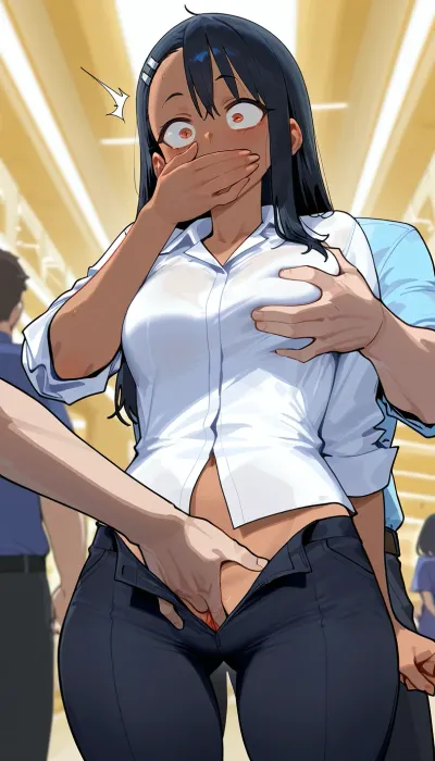 Shocked, hayase nagatoro, (groping her exposed pussy + fingering pussy), white collared shirt, Black pants, black hair male, she hand covered mouth, molestation, hand in pants, male hand in female pants, standing, mall background, (Comfyui with controlnet), Model