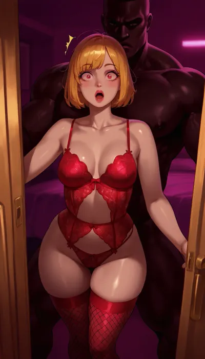 Blonde white wife with huge black African brute, (pale skin:1.6), before sex, on bed, before blowjob, (realistic:1.7), small breasts, (before interracial sex:1.2), (big black brutal man:1.2), (surprised aroused:1.4), big lips, (bright motel room:1.3), reiq art, moisture art, interracial, short slim slender woman, beautiful detailed face, big eyes. View through door. wife, fishnet stockings, close view, hotel bedroom, naked African brute, man behind, tall man short woman, Low-key, lighting, Style, dim, low, dramatic, partially, lingerie, light, style, <lora:SDXL-Tocco-bra:.5>, <lora:M05_Intensify:.8>