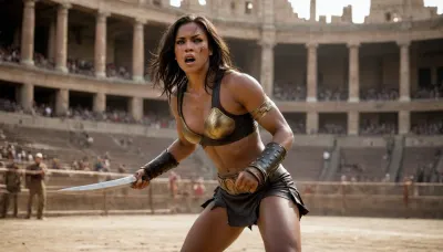 Create 2 females warriors, First females IS a Beautiful 30yo woman, WET Dark Brown straight hair, big saggy tits with big nipples and hairy pussy visible, topless with bare back and muscular physique, long hair blowing in the wind, wearing a tattered short leather gladiator skirt with ornate metal belt and thigh straps, holding a large round battered shield in one hand and a gladius sword in the other, whole body covered in bruises and abrasions, pain expression, gladiator standing in a Roman coliseum arena, 3/4 view, dramatic golden hour lighting, sweat-glistened skin, crowded blurred spectators in the background, epic cinematic atmosphere, lion in the background, Dynamic view, Dynamic pose, highly detailed, photorealistic, 8k, style raw., action, shot, all bruised up, (cuts and wounds on whole body:1.6), ((muscular ebony black female fighter)), ((long muscles)), hyperrealistic, (tall woman), ((muscular woman)), broad shoulders, large breasts, long black hair, ((strong physique)), ((detailed abs and arms)), dark brown leather and gold bra and skirt, gold jewelry, mma gloves, in an arena scene, pale tan skin, lots of detail on clothing and armor, sharp expression, intense expression, (mid-punch pose), powerful stance, close up view, <lora:Manga_Action_Shot:.8>