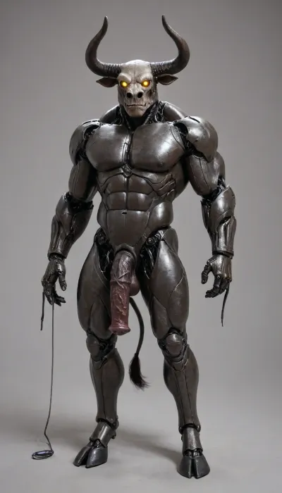 muscular male android, transparent robotic parts with glowing lights, mechanical body parts, guns in hand, fixed stare straight ahead, full body view. 1solo furry cyborgbull, solo, full body view, front view, full figured big anthro robot bull exposes its self, huge knotty cock, big ass, wide open asshole, hard erection, full exposed, hooves, horse phallus, horse penis, equine cock. Bovine android. Horns. Bulky. Flared cock. Bulky. Cow tail. Minotaur android. Cyborg Minotaur. Robot penis. Metal skin. Chrome plated. Exposed wires. Metal horns. Robot with a bull head. Mechanical body. Robot body, transparent skull with visible brain. Cute cow face. Bovine head shape. Hooves. Metal body parts. Robot arms. Cybernetic implants. Glowing light in chest. Metal skin. Chrome skin. Robotic legs. Metal hooves. Sci-fi. Metal face. Glowing robot eyes. Mostly robotic. 25% flesh. Metal cock. Visible robo joints