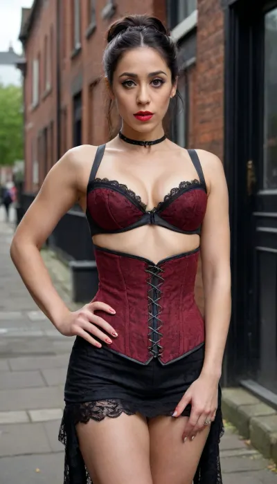 39 year old Oona Chaplin, (Olive Skin), freakles face and chest, English-Spanish Citizenship, her jet black hair in a ponytail, her jet black eyes brows, dark eyeliner, bright red lipstick, 34C chest, muscular body, six pack, cameltoe pussy, with a Lady's Victorian Top Hat with vail behind it, wearing Steam Punk Victorian costume, Victorian Corset under her breasts, the skirt opened at the front showing her pussy, standing on the abandoned streets of Victorian London.