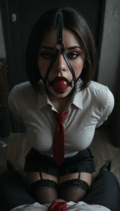 pov, (30 years old, green eyes, bob cut black hair, orgasm, pale skin, light skin, skin pores, tonic legs, muscle long legs), ((slut makeup, eyeliner, eyeshadow, dark glossy lipstick, blush)), ((red necktie)), ((black suit, white shirt, pleated skirt, lace blace thong)), ((stockings, garter, hairband)), (platform highels heels), ((slave collar)), ((face harness gagged mouth:1.5)), ((hands cuffed behind back)), ((office)), harnessgag, <lora:add-detail-xl:.8>, <lora:detailed_notrigger:.8>, <lora:dark:.6>, <lora:harnessgag_xl-000003:1.2>