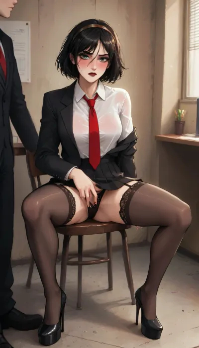 (markgavatino style), Sitted, open legs, (30 years old milf, green eyes, black hair, pale skin, light skin, skin pores, tonic legs, muscle long legs), ((slut makeup, eyeliner, eyeshadow, dark glossy lipstick, blush)), ((red necktie)), ((black suit, wet white shirt, hard niples under the fabric, pleated skirt, lace blace thong)), ((stockings, garter, hairband)), (platform highels heels), ((office)), <lora:add-detail-xl:2>, <lora:princess_xl_v2:.8>, <lora:DetailedEyes_V3:2>, <lora:Animated_Concept:.9>